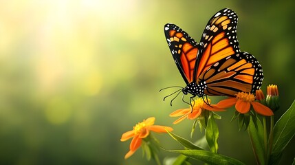 Obraz premium A vibrant butterfly rests on a blooming flower, showcasing nature's beauty and the intricate details of its wings.