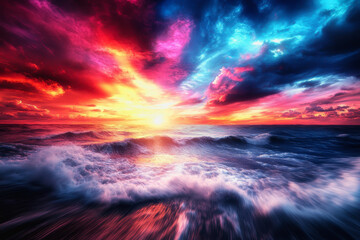 Fototapeta premium Dynamic ocean scene with vibrant sunset, swirling clouds, and crashing waves