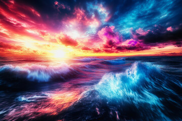 Fototapeta premium Dynamic ocean scene with vibrant sunset, swirling clouds, and crashing waves