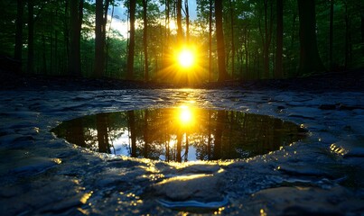 Sunrise Reflection in a Serene Forest Landscape