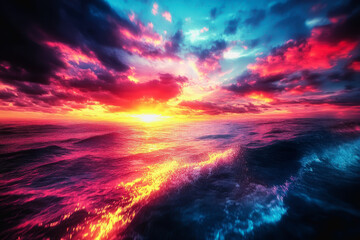 Fototapeta premium Dynamic ocean scene with vibrant sunset, swirling clouds, and crashing waves