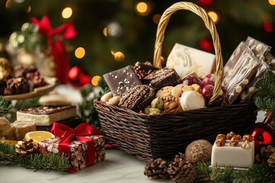Holiday gift basket with gourmet treats and festive decorations