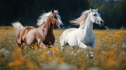 Obraz na płótnie Canvas Two Horses Running Through a Field of Yellow Flowers