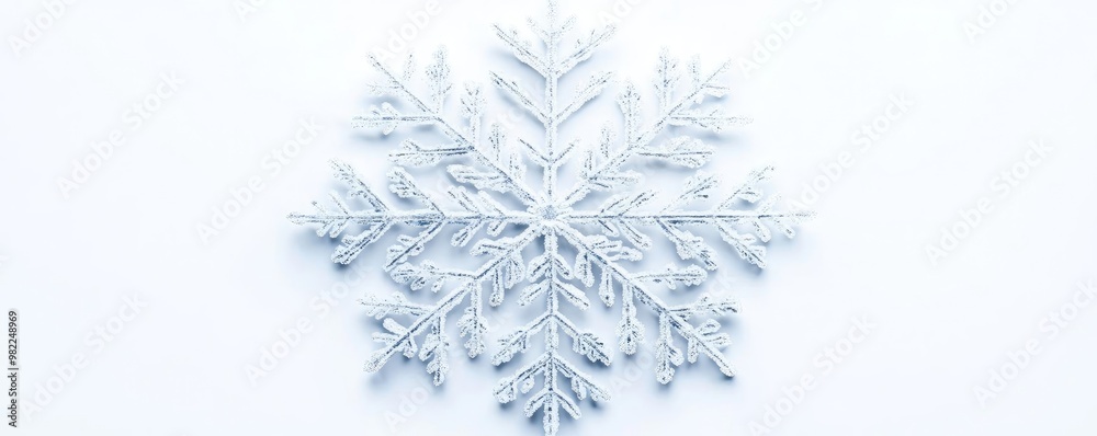 Poster A close-up of a delicate snowflake, highlighting its intricate patterns against a soft white background. Perfect for winter themes.