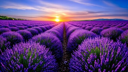 Fototapeta premium Serene Lavender Field at Sunset with Vibrant Colors