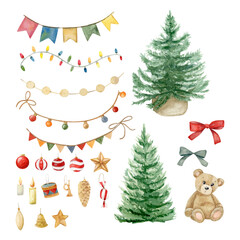 Watercolor set with different garlands, Christmas trees, toys, bows and teddy bear. Hand drawn. Can be used on fabrics and paper products and other