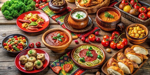A colorful arrangement of traditional Ukrainian dishes on a wooden table, presenting the country's diverse culinary