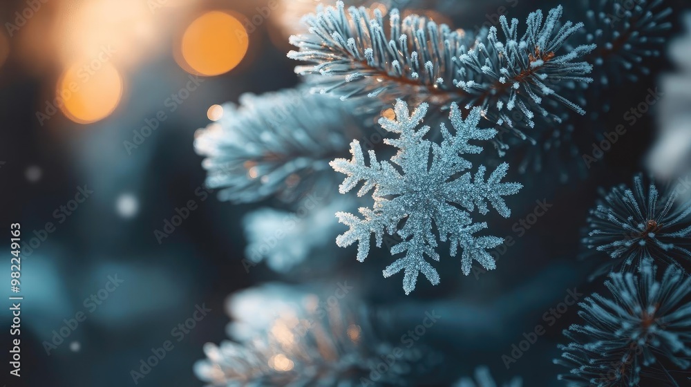 Poster a close-up view of a snowflake resting on a pine branch, showcasing winter beauty and delicate frost