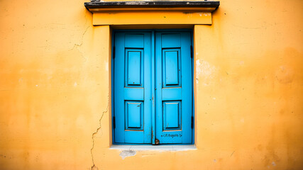 Colorful wooden door on a yellow wall 
