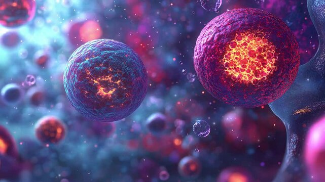 Virus or bacteria cells. Microbiology And Virology Concept. Microscope Close up virus cells. Medical background with virus cells. Cancer cells. Human health microbiology science. Medical science