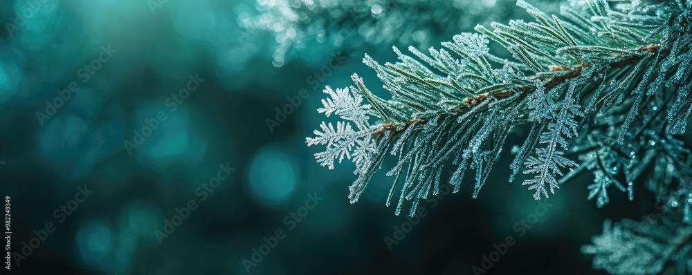 Poster close-up of frosted pine branch showcasing delicate snowflakes and a serene, cool color palette perf