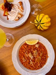 autumn lunch on the open veranda lentils with lemon, lemonade, feta, tomato and pesto salad