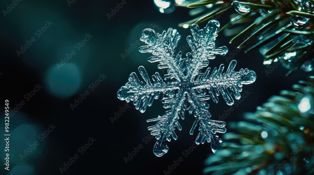 Poster A delicate snowflake resting on a pine branch, showcasing intricate patterns against a dark, blurred background.