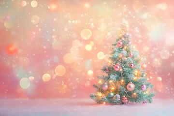Obraz premium Christmas Tree with Pink and Gold Ornaments in Snowy Scene with Bokeh Lights