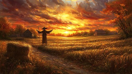 Fototapeta premium A vibrant sunset illuminates a serene countryside, with a scarecrow standing amidst golden fields, capturing autumn's beauty.