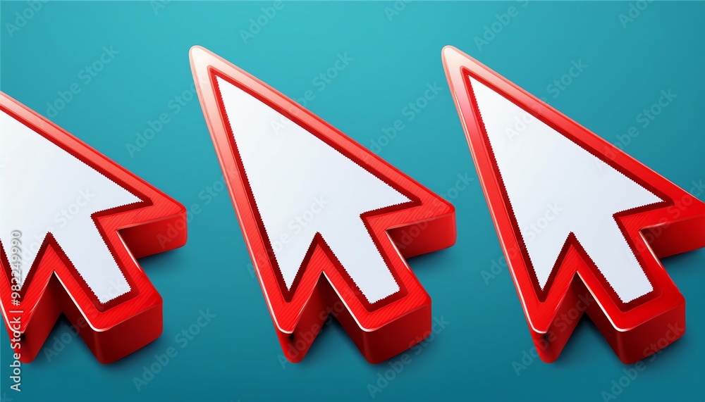 Poster three stylized red cursor arrows on a teal background, representing navigation and digital interacti