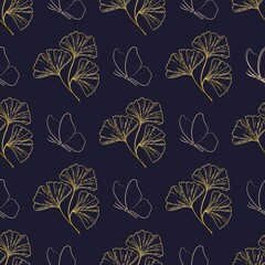 a seamless pattern with gold leaves and butterflies. golden seamless pattern. luxury background.