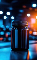 Detailed shot of a protein supplement jar on a gym bench, muscle building essentials