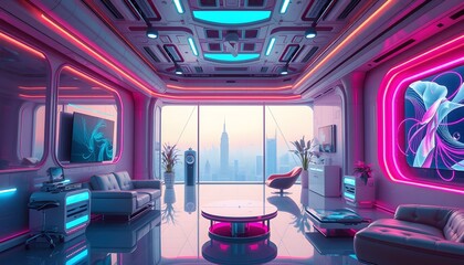 Futuristic Living Room with Neon Lights and City View