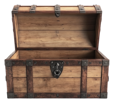 PNG Wooden treasure chest with an open lid on display