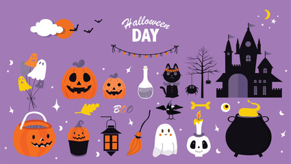 Set of happy halloween greeting card.Characters  for Halloween in cartoon costumes style,cute pumpkin,Vector illustrations.