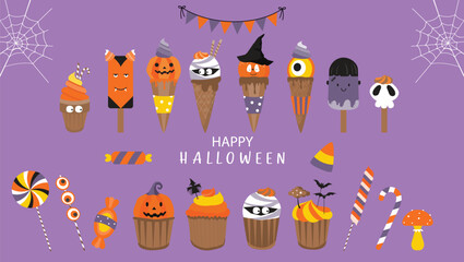 Halloween Ice cream with Popping Candy,spook symbols icons set for Halloween Party decoration.Sweet Halloween vector illustrations. 