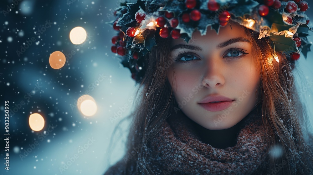 Wall mural Beautiful woman wearing Christmas holy berry wreath in snowy winter. Fantasy portrait. Pagan New Year celebration concept. Image for event poster and holiday greeting card.