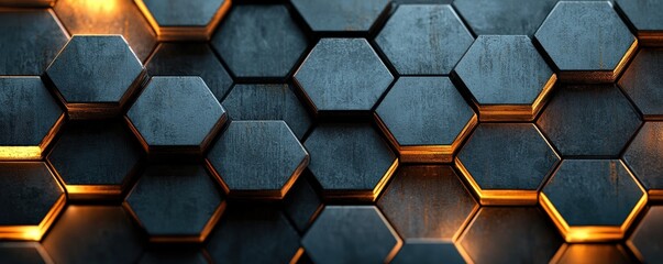 An elegant and modern background design with shades of grey, black, and gold, highlighted by a detailed hexagonal pattern that adds depth and a touch of luxury to the composition. 3d illustration