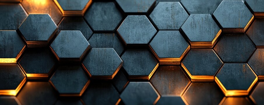An elegant and modern background design with shades of grey, black, and gold, highlighted by a detailed hexagonal pattern that adds depth and a touch of luxury to the composition. 3d illustration