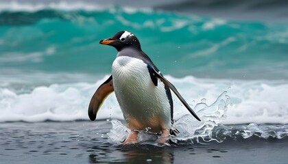 Gentoo penguin emerging from the ocean waves onto the rocky shore