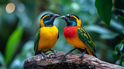 Two Colorful Birds Perched on a Branch with Green Foliage in the Background