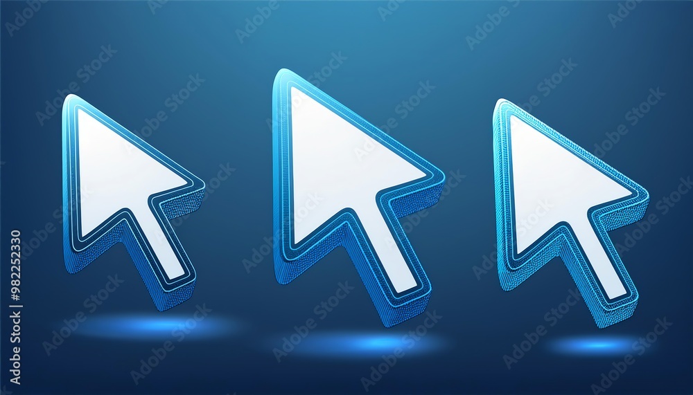Poster three glowing arrow cursors on a blue background, symbolizing navigation or pointer functionality in