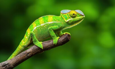 Fototapeta premium A vibrant green chameleon perched on a branch, showcasing its distinctive colors against a blurred, lush green background.