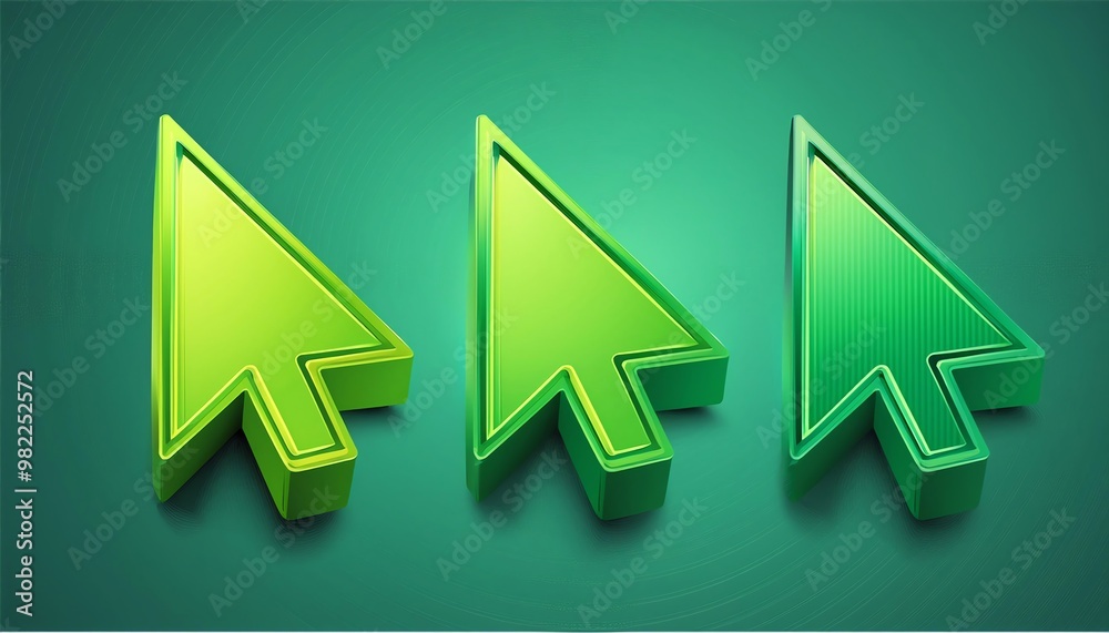Poster three stylized green cursor arrows on a smooth green background, symbolizing navigation or selection