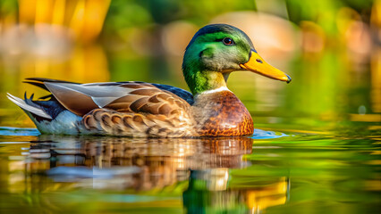 Obraz premium Close-up of a duck swimming in a pond, duck, waterfowl, feathers, animal, wildlife, nature, pond, swim, beak, colorful