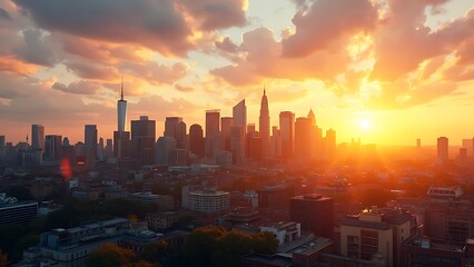 Fototapeta premium A city skyline during golden hour bathed in warm sunlight creates a breathtaking view, highlighting the beauty of urban architecture and the charm of evening light.