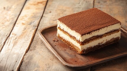 Traditional Italian Tiramisu with rich layers of cream and cocoa on a wooden table, bathed in natural sunlight, with space for copy text.