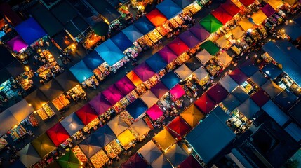 Fototapeta premium Aerial view of vibrant market stalls illuminated by colorful lights, creating a lively atmosphere in a bustling night market.