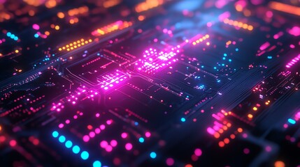 Abstract neon lights illuminate a circuit board, creating a futuristic and vibrant backdrop.