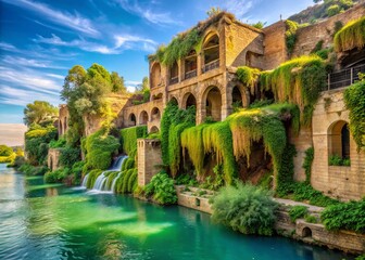 Naklejka premium Ancient hanging gardens over the Euphrates River, with lush greenery and vines suspended above sparkling water, surrounded by crumbling Babylonian architecture.