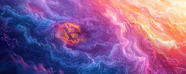 Fototapeta premium A vibrant, abstract background featuring swirling shades of purple, pink, and blue with a striking Bitcoin symbol subtly integrated, leaving ample copy space for text, set against a dynamic and