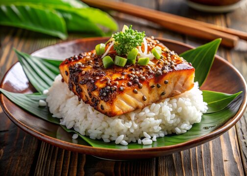 "Exotic Japanese-inspired dish featuring tender grilled jaiva, crispy sesame seeds, and savory ponzu sauce, served over a bed of steamed sticky rice."