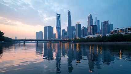 A city skyline reflecting on a calm river at dawn offers a serene and picturesque view, showcasing the tranquil beauty of urban life as the day begins.