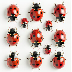 Obraz premium multiple ladybugs on white background, top view