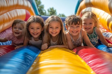 Happy kids on the inflatable bounce house on sunny day