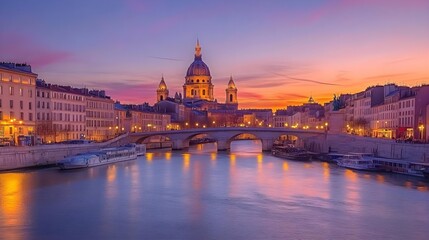 Fototapeta premium Beautiful sunset view of a historic city with a vibrant river and illuminated architecture, reflecting serenity and charm.