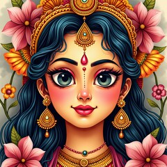 Watercolor Scene of Durga’s Face Surrounded by Traditional Elements for Durga Ashtami – Best for Print or Wall Art Decoration