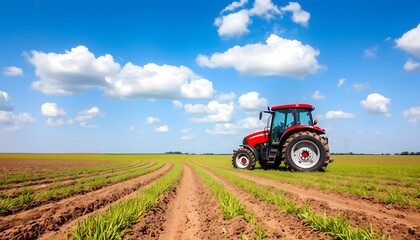 Fototapeta premium Red Tractor on a Field of Green Crops and Dirt Roads