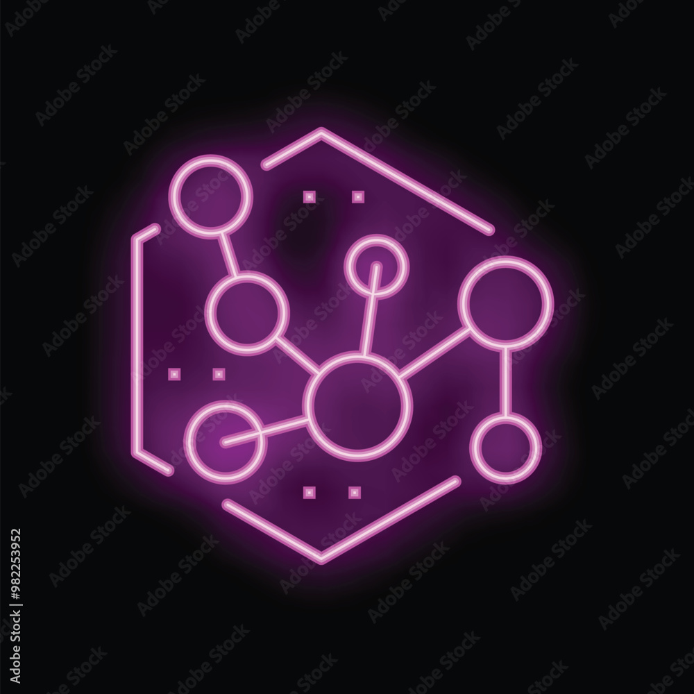 Poster neon icon of a network representing a machine learning algorithm glowing purple against a black back