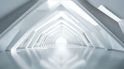 Obraz premium Bright, modern architectural hallway with triangular beams and glossy floor in a minimalist design during daylight hours